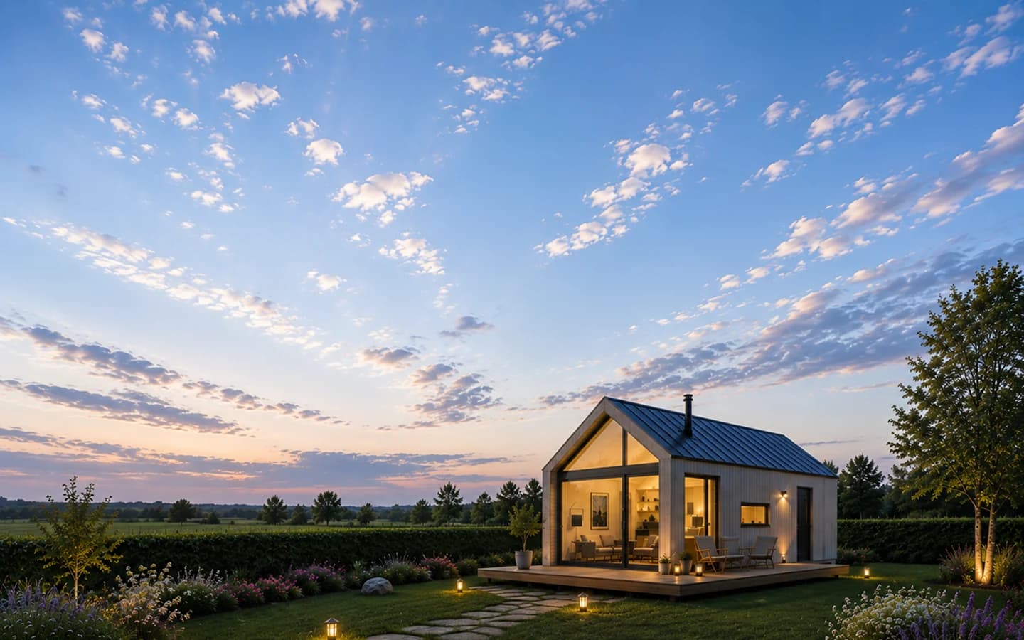 Modular home at twilight in a garden